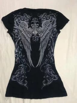 Y2K Gothic Women Fitted Short Sleeve Tee Black V‑Neck Lace Lining Angel Wing Cross Rhinestone Scroll Pattern Grunge Aesthetic Ca