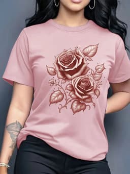 Rose Print T-shirt Women Round Neck T-Shirt Simple Design Versatile Suitable for Daily Leisure Showing Natural Elegant Style