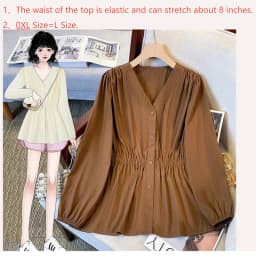 200 Pounds Plus Size Solid V-neck Elastic Waist Long Sleeved Single Breasted Shirt And Blouse Simple Top Casual Women‘s Clothes