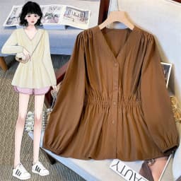 200 Pounds Plus Size Solid V-neck Elastic Waist Long Sleeved Single Breasted Shirt And Blouse Simple Top Casual Women‘s Clothes