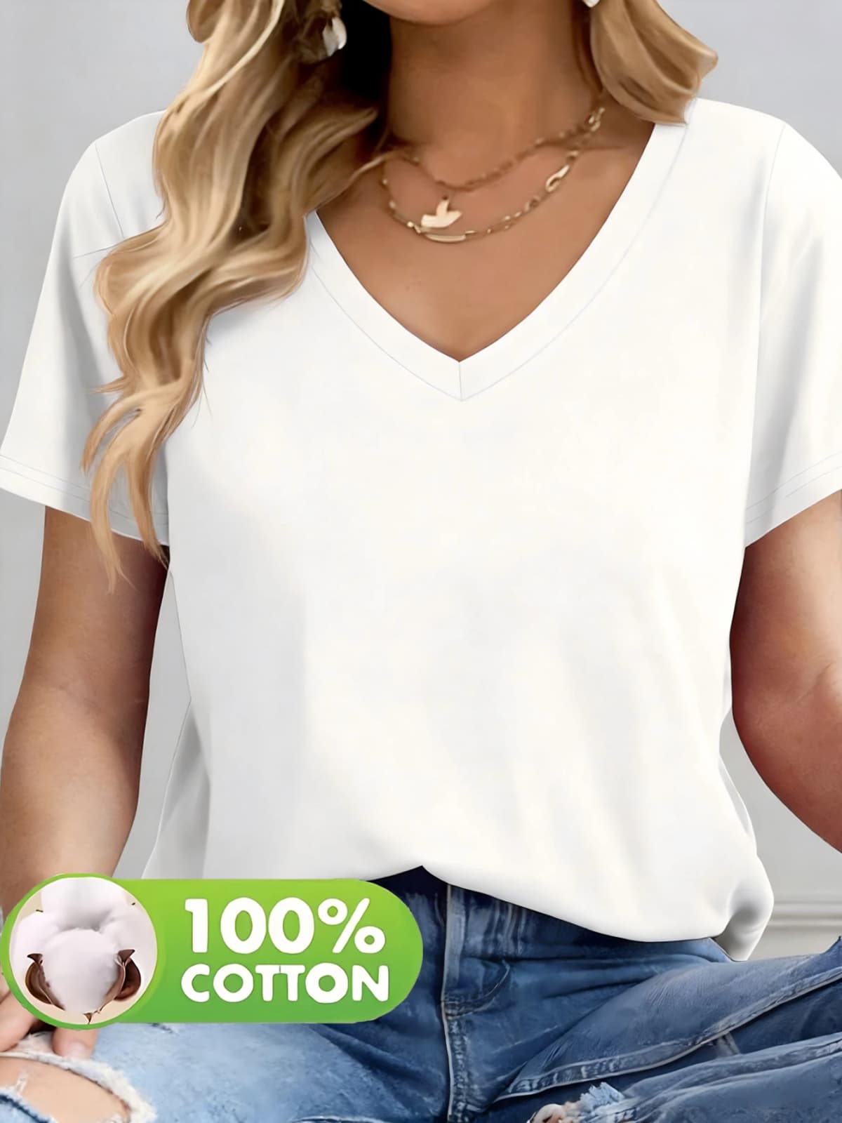 100% Cotton, Single Piece, Women’s Solid-Colored V-Neck T-Shirt, Cotton Fabric, Comfortable and Breathable,