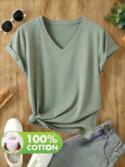 100% Cotton, Single Piece, Women’s Solid-Colored V-Neck T-Shirt, Cotton Fabric, Comfortable and Breathable,