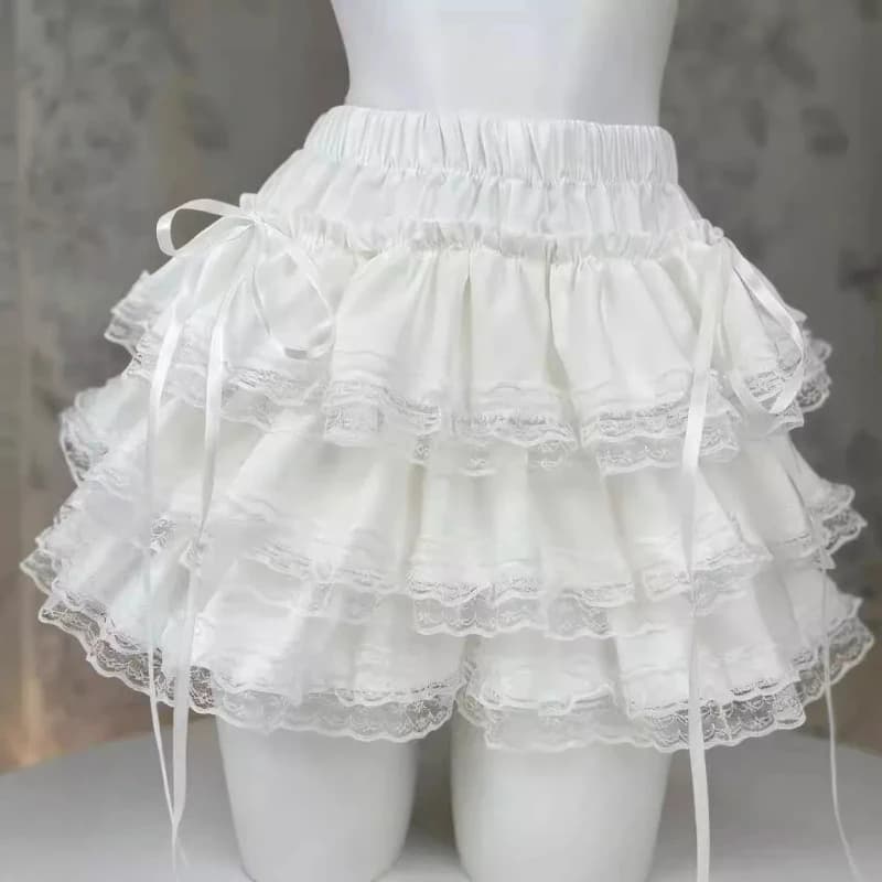 Women Ruffle Mini Skirt with Lace Bow Built-in Shorts Y2K Coquette Lolita Balletcore Tiered Ruffles Short Skort