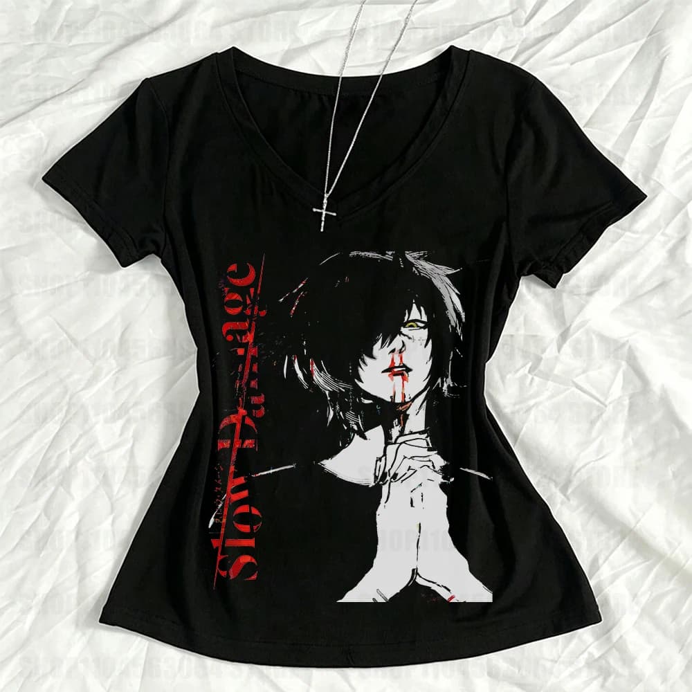 Vintage clothing, Gothic aesthetic clothing, Gothic Emo anime girl Harajuku Y2k women's T-shirt, 2000s T-shirt Y2k Top 90s