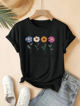 Women's Casual Short Sleeve T-Shirt - Retro Floral Print , Soft Stretch Round Neck Top, Cute T Shirts, Playful Graphic Tee