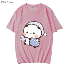 Couple Shirts Kawaii Cute BuBu Panda Going To Sleep with DuDu Bear Graphic Tshirt Cotton Men Women Clothes Long Sleeve Tees