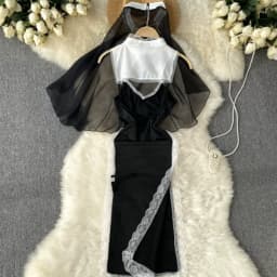 Woman Trend Cosplay Nun Dresses Halter Mesh Patchwork Lace Slimming Dress New Vintage Midi Dress Fashion Sexy Club Black Dress