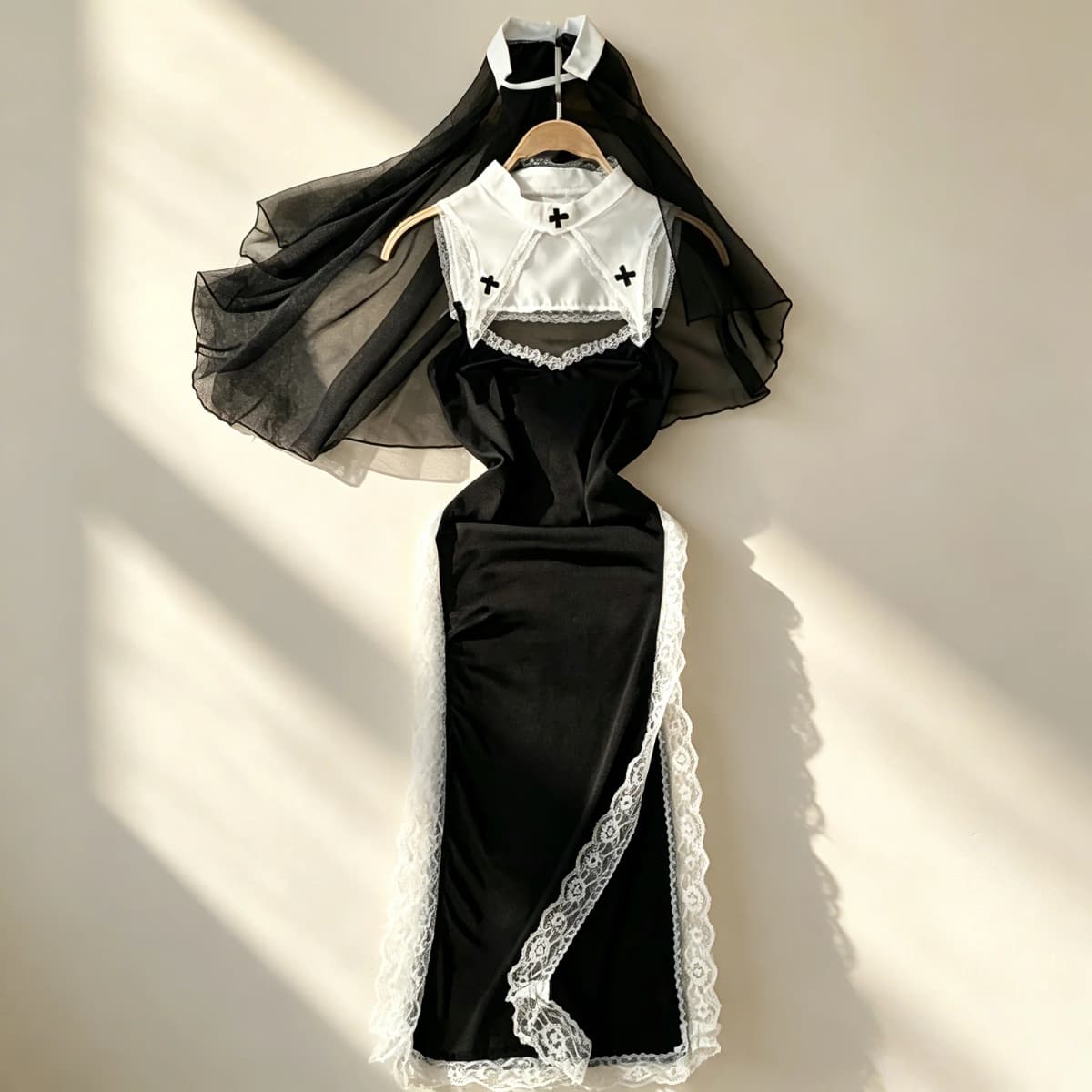 Woman Trend Cosplay Nun Dresses Halter Mesh Patchwork Lace Slimming Dress New Vintage Midi Dress Fashion Sexy Club Black Dress