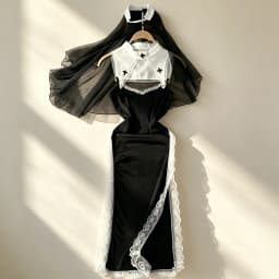 Woman Trend Cosplay Nun Dresses Halter Mesh Patchwork Lace Slimming Dress New Vintage Midi Dress Fashion Sexy Club Black Dress