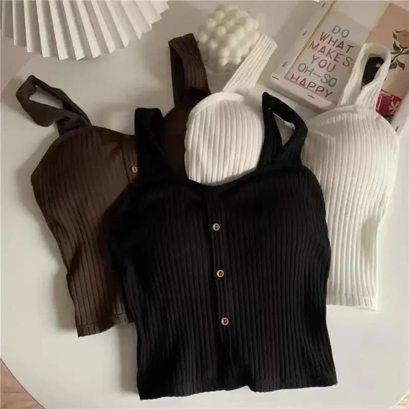 Women's Y2K Cropped Tops with Bra Pads Summer Corset Korean Suspenders Vest Sexy Camisole Slim Solid Casual Fake Buckle Tops