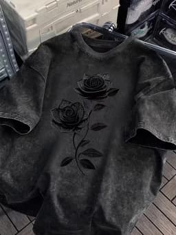 Dark Black Rose Graphic Print T Shirt Washed Vintage Casual Loose Streetwear Daily Wear Short Sleeve Goth Top for Women