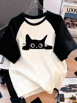 Kawaii T Shirt Retro Black Cat Letter Print Crew Neck T-Shirt Casual Short Sleeve Top for Spring Summer Women's Clothing