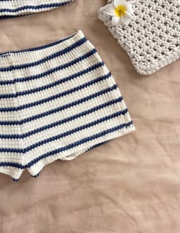 Summer Textured Knit Halter Top Shorts Two Piece Outfit, Classic Nautical Stripes Paired With Breathable Knit Fabric, Ideal For