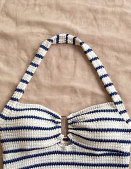 Summer Textured Knit Halter Top Shorts Two Piece Outfit, Classic Nautical Stripes Paired With Breathable Knit Fabric, Ideal For