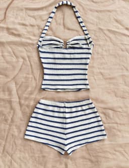 Summer Textured Knit Halter Top Shorts Two Piece Outfit, Classic Nautical Stripes Paired With Breathable Knit Fabric, Ideal For