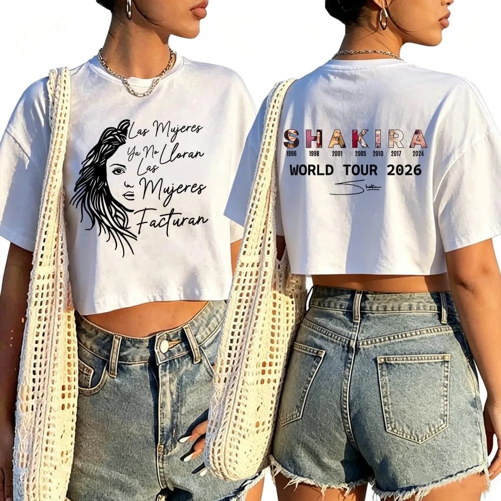 Shakira Las Mujeres Facturan World Tour 2026 Shirt Women O-Neck Short Sleeves Crop Tops T-shirt