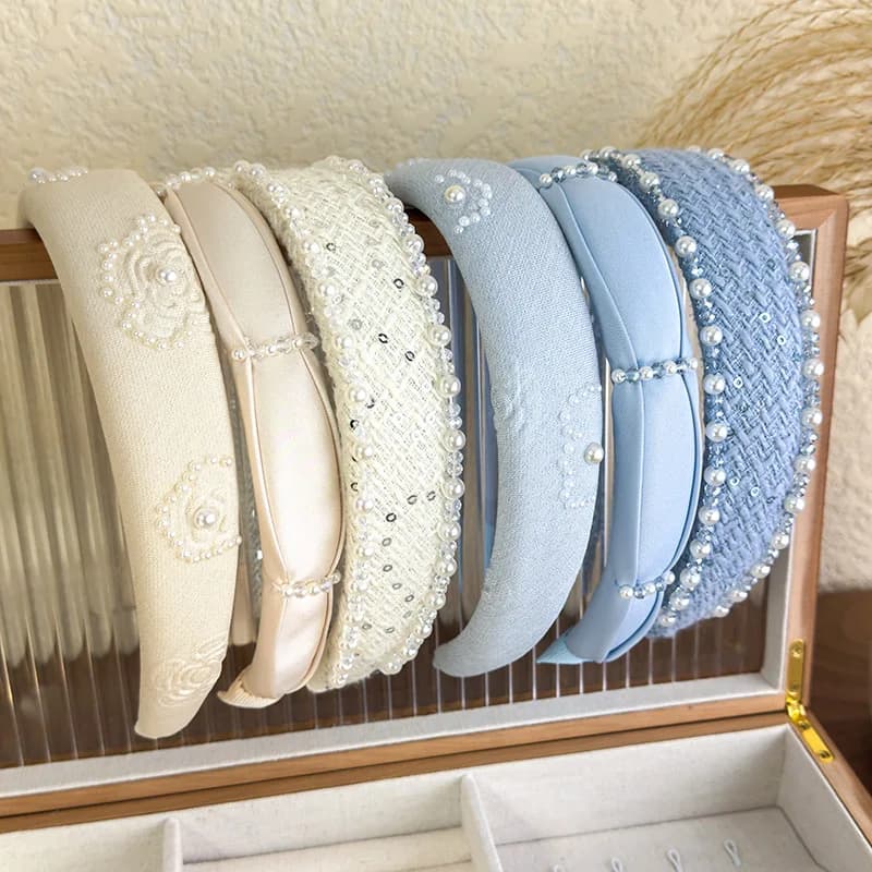 2025 Retro Rose Print Pearl Crystal Headband Women Elegant Hair Band Girl Sweet Beige Blue Hair Hoop Lady Party Hair Accessories