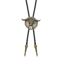 Men's Western Vintage Bolo Tie Cow Skull Design Black Leather Rope Cowboy Necktie with Bull Head Pendant Jewelry Gift Unisex