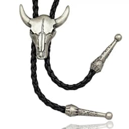 Men's Western Vintage Bolo Tie Cow Skull Design Black Leather Rope Cowboy Necktie with Bull Head Pendant Jewelry Gift Unisex