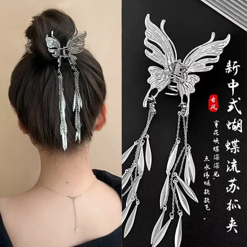 Chinese Style Butterfly Flowing Tassel Hairpin Folk Retro Ponytail Clip Female Elegant 