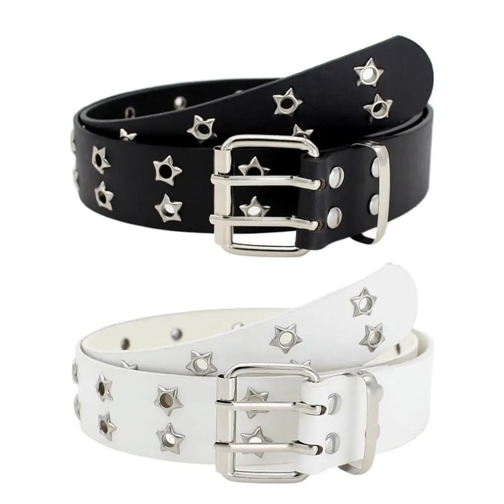 Star Eye Rivet Belt Hollowed-out Punk Belt For Man/women Hip-hop Double Pin Buckle Fashion Pu Leather Waistband Y2K Decoration
