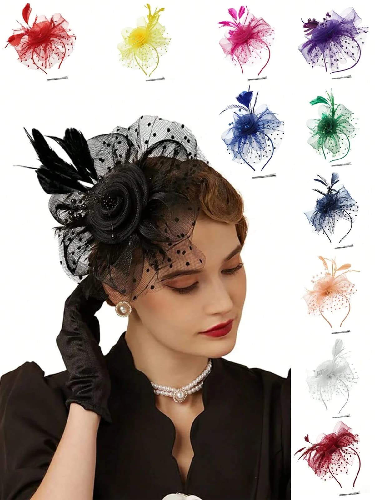 1PCS Fascinators Hat Flower Mesh Ribbons Feathers On A Headband And A Clip Tea Party Headwear For Girls And Women