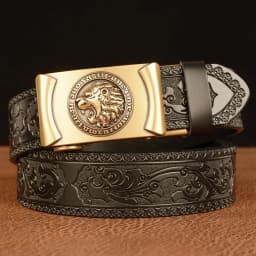 Men Genuine Leather Belt Luxury Gold Lion Metal Automatic Buckle Cowhide Belts for Men Jeans Waistband Male Strap Black