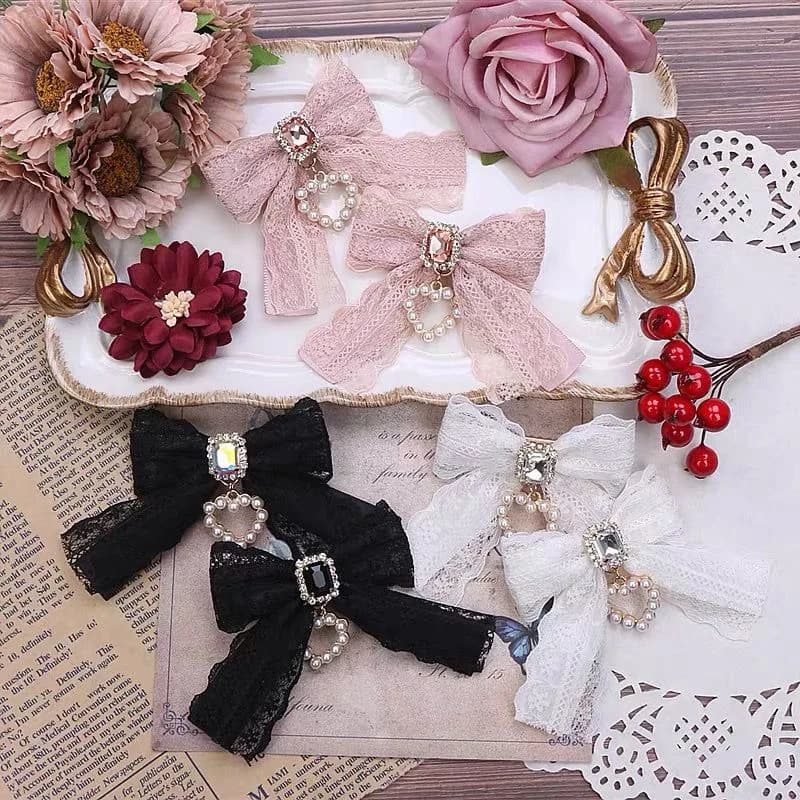 【1 Pair】 Lolita Hair Clips Lace Hair Accessories Pearl Accessories Girls' Items Y2K Accessories Hair Bows Girl Hairpin Cute Thing