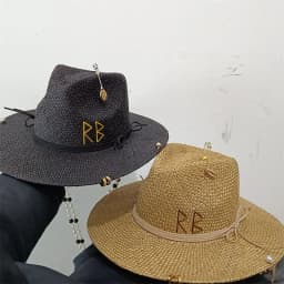 Metal letter beige straw hat handmade design hat pearl chain summer sun hat new letter hat beach women gorras para hombres
