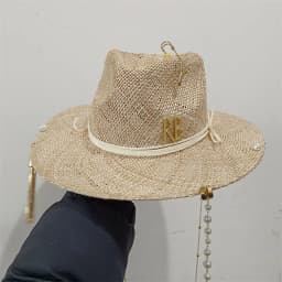 Metal letter beige straw hat handmade design hat pearl chain summer sun hat new letter hat beach women gorras para hombres