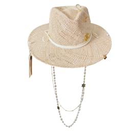 Metal letter beige straw hat handmade design hat pearl chain summer sun hat new letter hat beach women gorras para hombres