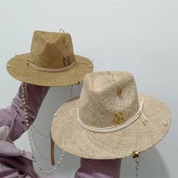 Metal letter beige straw hat handmade design hat pearl chain summer sun hat new letter hat beach women gorras para hombres