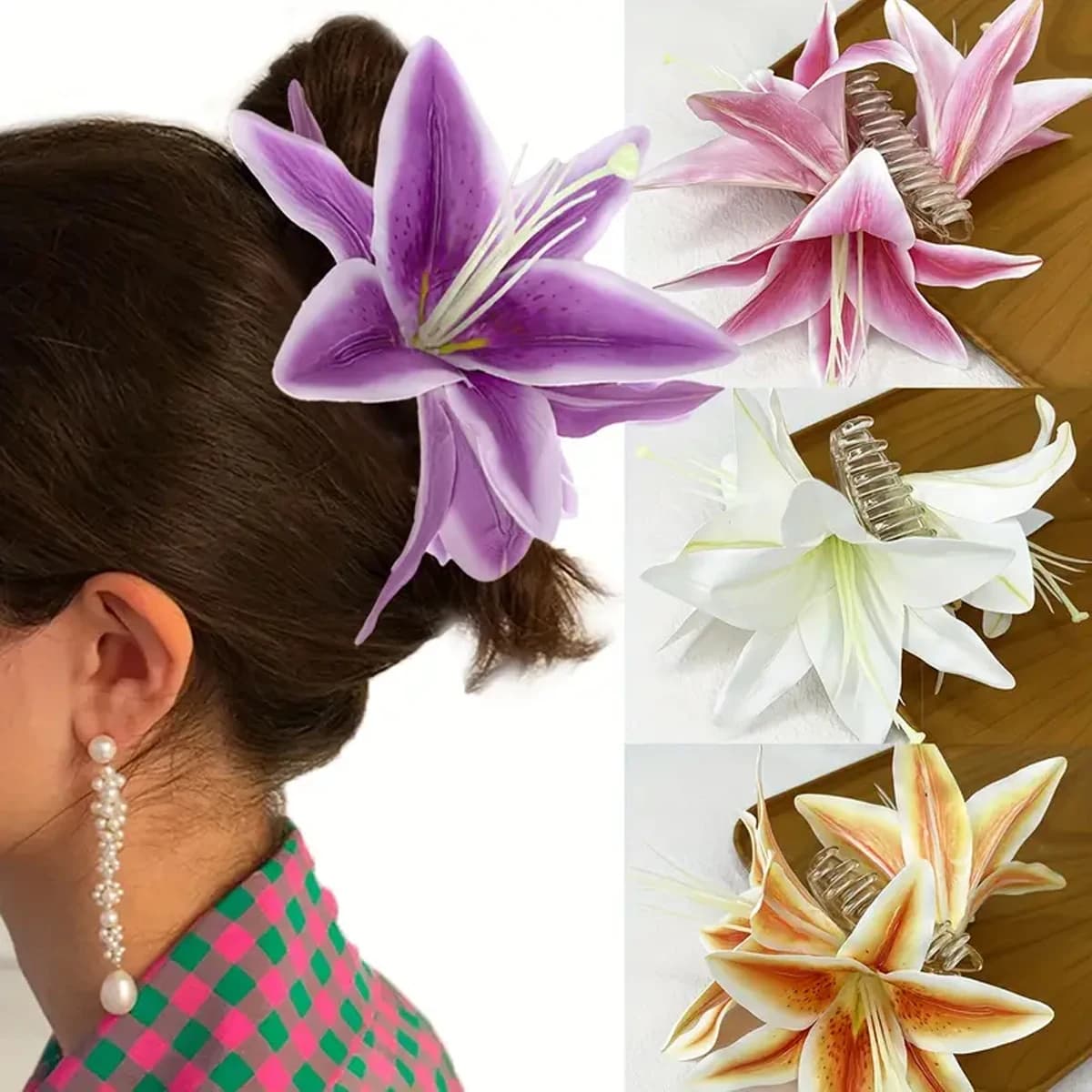 1pc Hawaii Elegant Romantic Lily Flower Grab Clip Temperament Shark Clip on the Back of the Head Shark Clip for a Beach Vacation