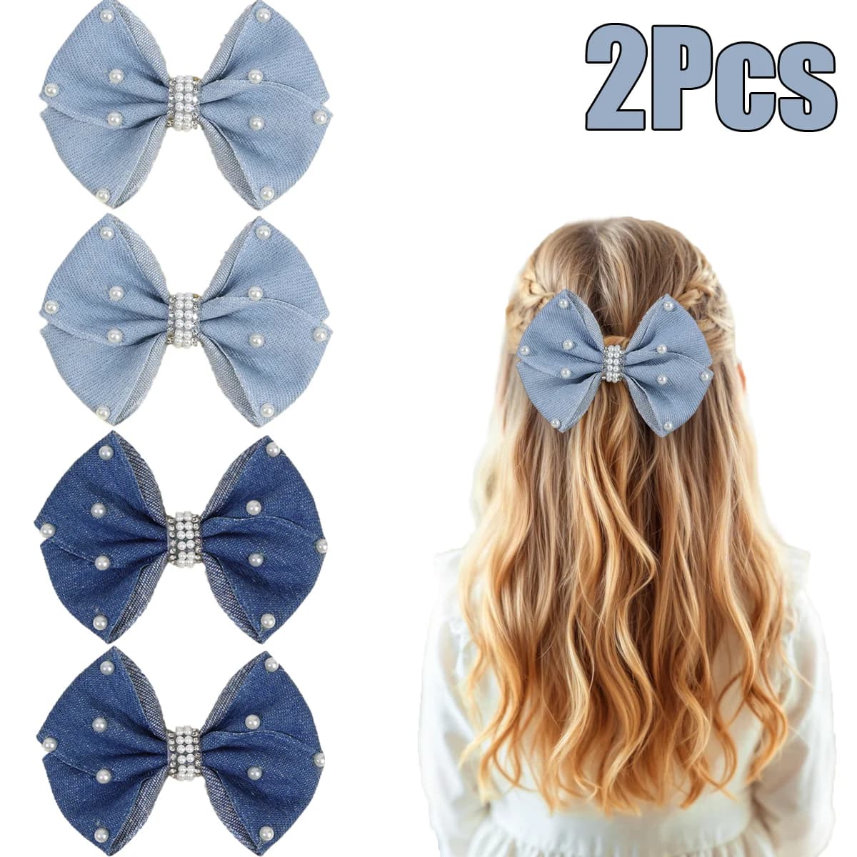 2Pcs Denim Bow Hair Clips Chic Elegant Vintage Pearl Boho Hairpin For Girls Women Kids y2k Daily Hair Accessories Gift Ornament