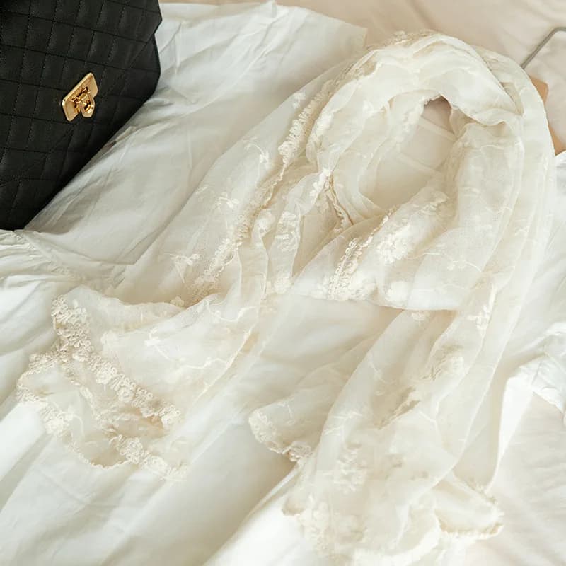 New Lace Long Scarf Embroidery Enlarged Thin Silk Fashion Literary and Retro Shawl Clothing with Korean Version