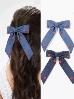 Red heart-shaped denim bow hair clip, sweet and feminine temperament, niche and high-end hair accessory