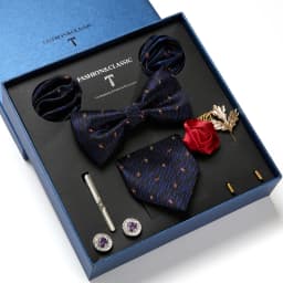 High Quality Holiday Gift Box 7.5 CM Blue Floral Tie Hanky Pocket Squares Cufflink Clip Set Necktie For Man Birthday Present