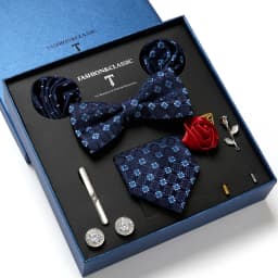 High Quality Holiday Gift Box 7.5 CM Blue Floral Tie Hanky Pocket Squares Cufflink Clip Set Necktie For Man Birthday Present