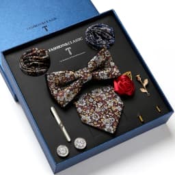 High Quality Holiday Gift Box 7.5 CM Blue Floral Tie Hanky Pocket Squares Cufflink Clip Set Necktie For Man Birthday Present