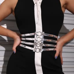 Women's golden stretch belt stylish look with dress party waist cover 4 row loop buckle decorative hollow belt