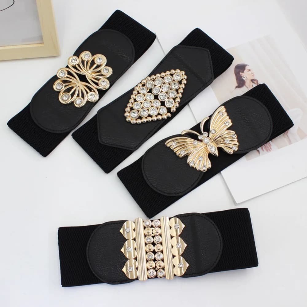 Big Size Black Stretch Corset Waistband Belt Cummerbands Rhinestone Metal Buckle