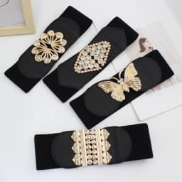 Big Size Black Stretch Corset Waistband Belt Cummerbands Rhinestone Metal Buckle