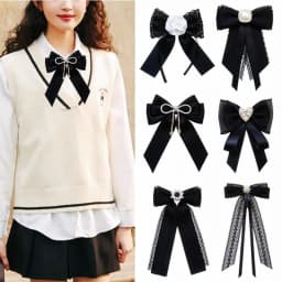 Elegant Lace Ribbon Bowtie Black College Style Collar Rhinestones Jewelry Student Shirt Korean Fabric Bow Brooches