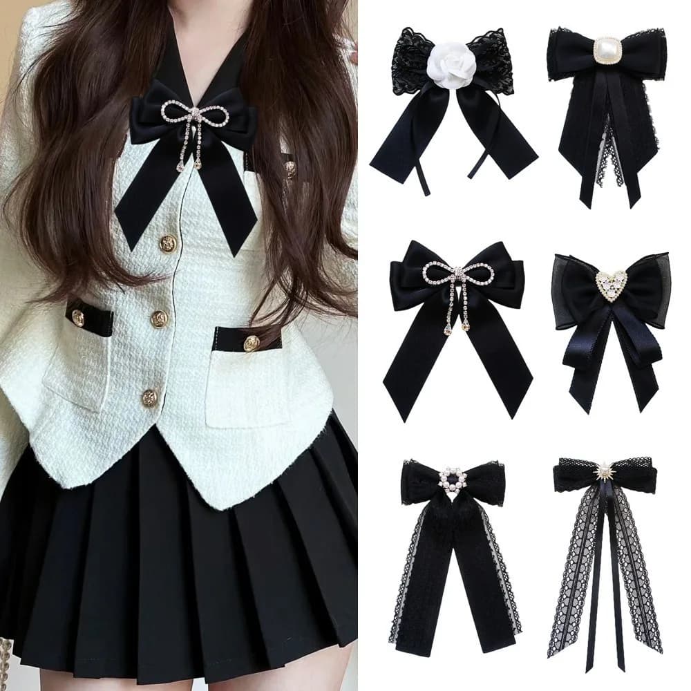 Elegant Lace Ribbon Bowtie Black College Style Collar Rhinestones Jewelry Student Shirt Korean Fabric Bow Brooches