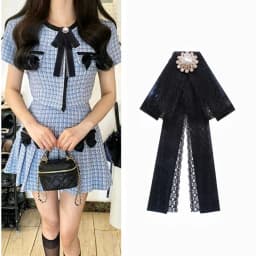 Elegant Lace Ribbon Bowtie Black College Style Collar Rhinestones Jewelry Student Shirt Korean Fabric Bow Brooches