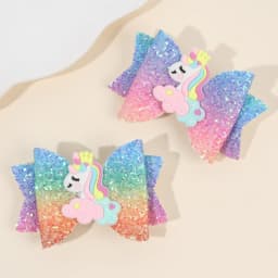 2Pcs Rainbow Unicorn Cartoon Hair Clip Kawaii Sweet Pastel Glitter Bow Hairpin For Girls & Kids Headwear Children's Accessories