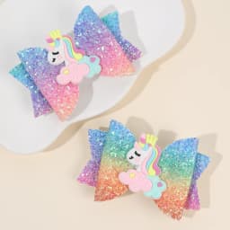 2Pcs Rainbow Unicorn Cartoon Hair Clip Kawaii Sweet Pastel Glitter Bow Hairpin For Girls & Kids Headwear Children's Accessories
