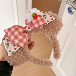 1pc New Cute Cartoon Bow Strawberry Bears Ear Plush Headband, Garden Party Headwear Decoration, Sweet Shampoo Headband