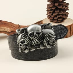 1 Western Cowboy Ancient Silver Multiple Ghost Head Skull Large Plate Buckle Belt Trendy Retro Society Young Men Punk PU Leather
