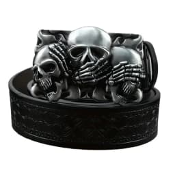 1 Western Cowboy Ancient Silver Multiple Ghost Head Skull Large Plate Buckle Belt Trendy Retro Society Young Men Punk PU Leather